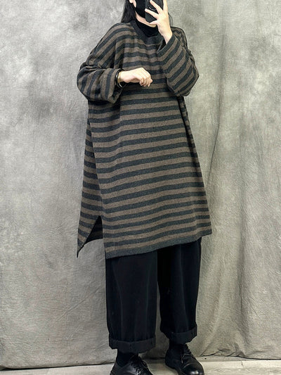 Women Autumn Casual Stripe Cotton Long Sweater