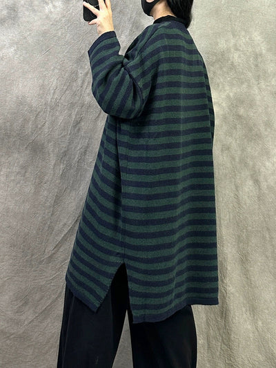 Women Autumn Casual Stripe Cotton Long Sweater