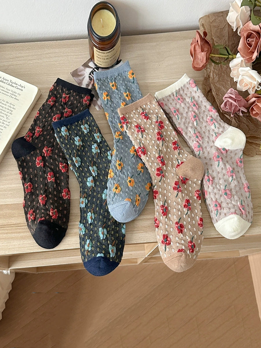 5 Pairs Women Artsy Flower Jacquard Socks