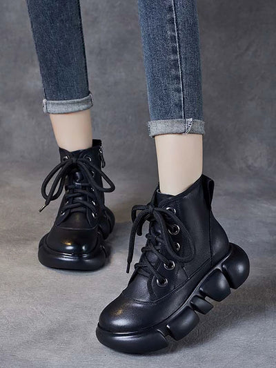 Women Winter Pure Color Leather Platform Martin Boots