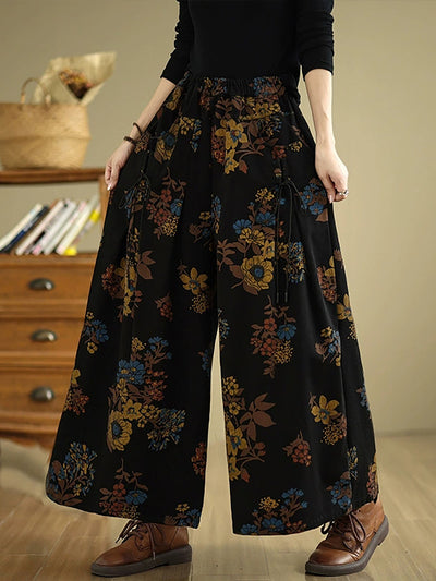 Women Autumn Retro Flower Denim Wide-leg Pants