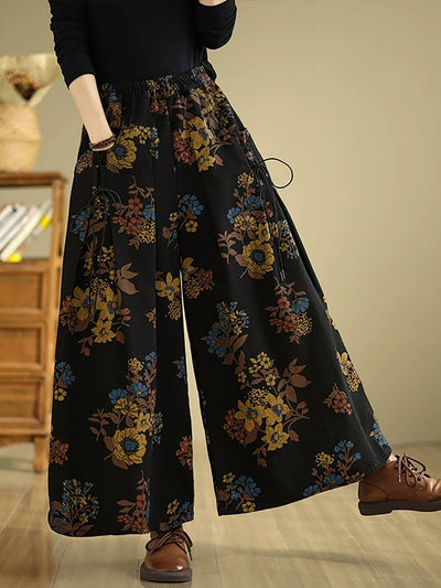 Women Autumn Retro Flower Denim Wide-leg Pants