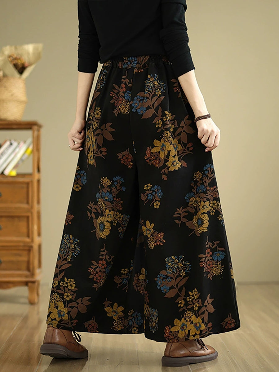 Women Autumn Retro Flower Denim Wide-leg Pants