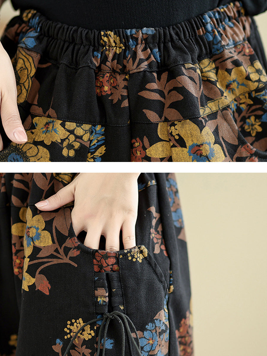 Women Autumn Retro Flower Denim Wide-leg Pants