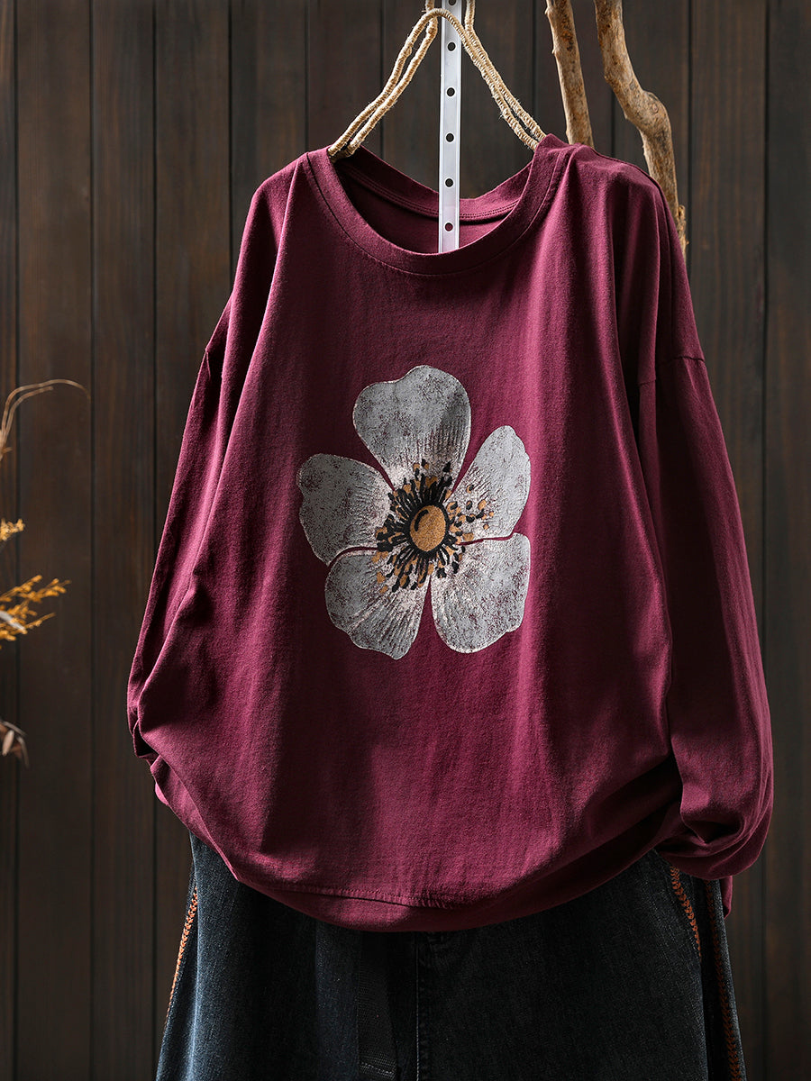 Women Autumn Artsy Flower O-Neck Cotton Blouse