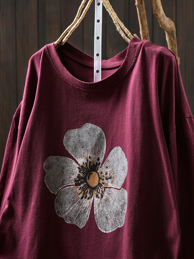 Women Autumn Artsy Flower O-Neck Cotton Blouse