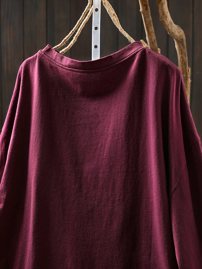 Women Autumn Artsy Flower O-Neck Cotton Blouse