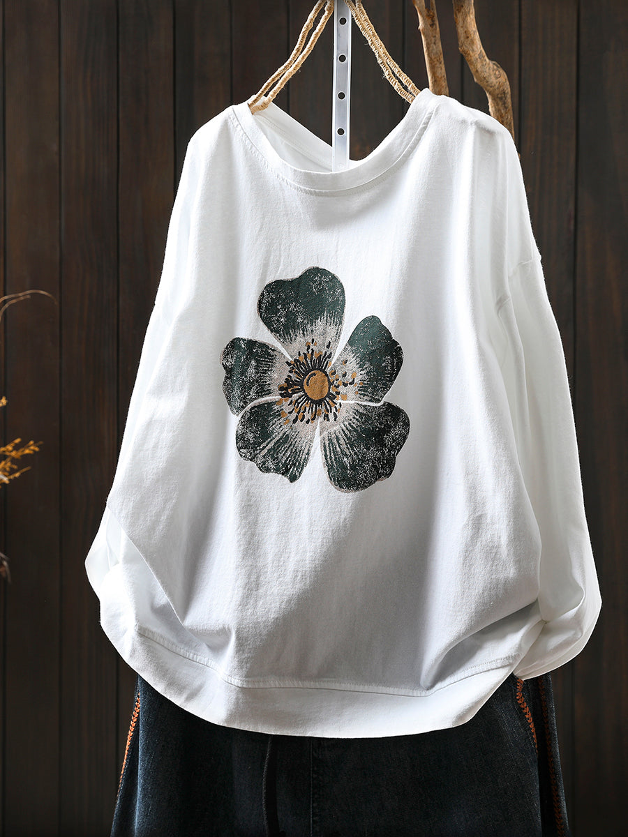 Women Autumn Artsy Flower O-Neck Cotton Blouse
