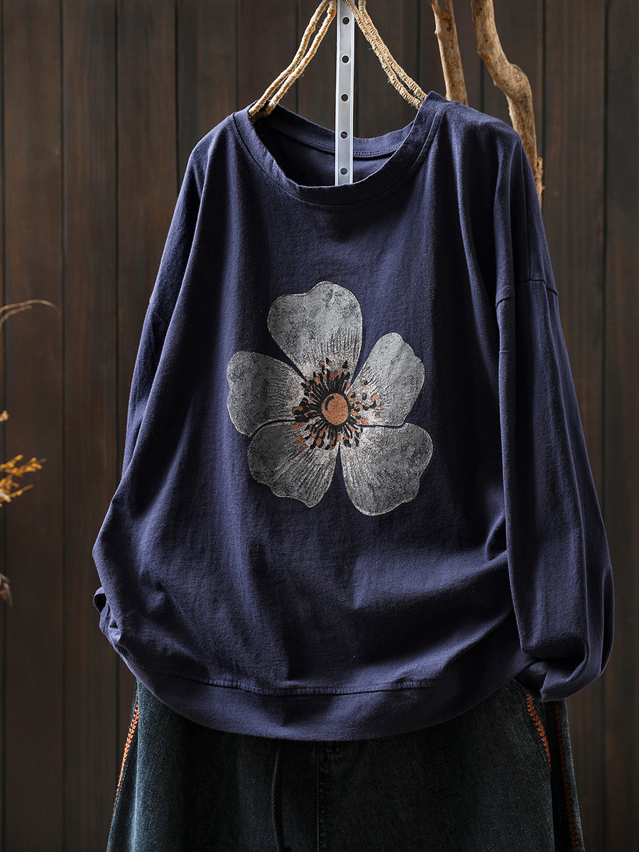 Women Autumn Artsy Flower O-Neck Cotton Blouse