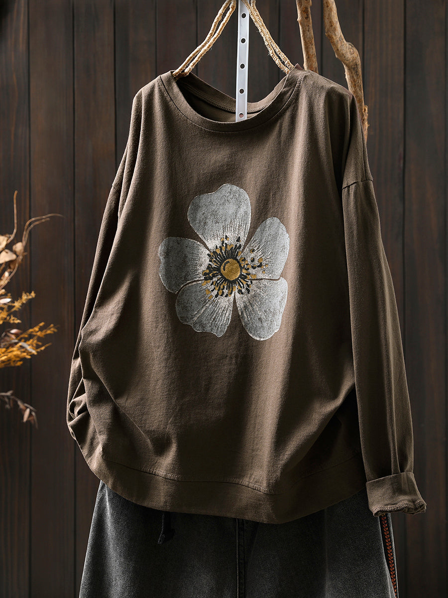 Women Autumn Artsy Flower O-Neck Cotton Blouse