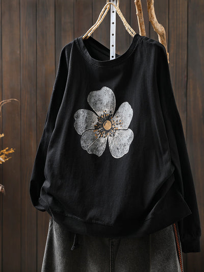 Women Autumn Artsy Flower O-Neck Cotton Blouse
