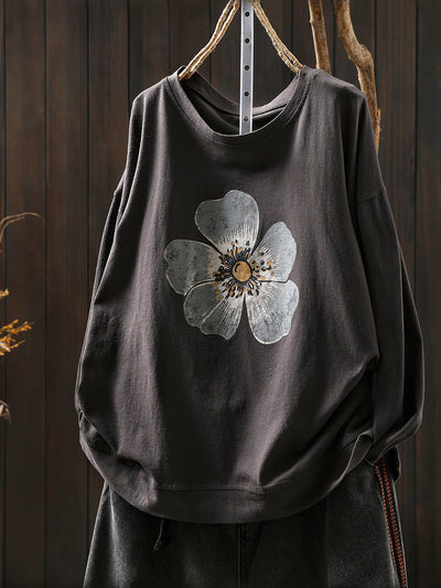Women Autumn Artsy Flower O-Neck Cotton Blouse