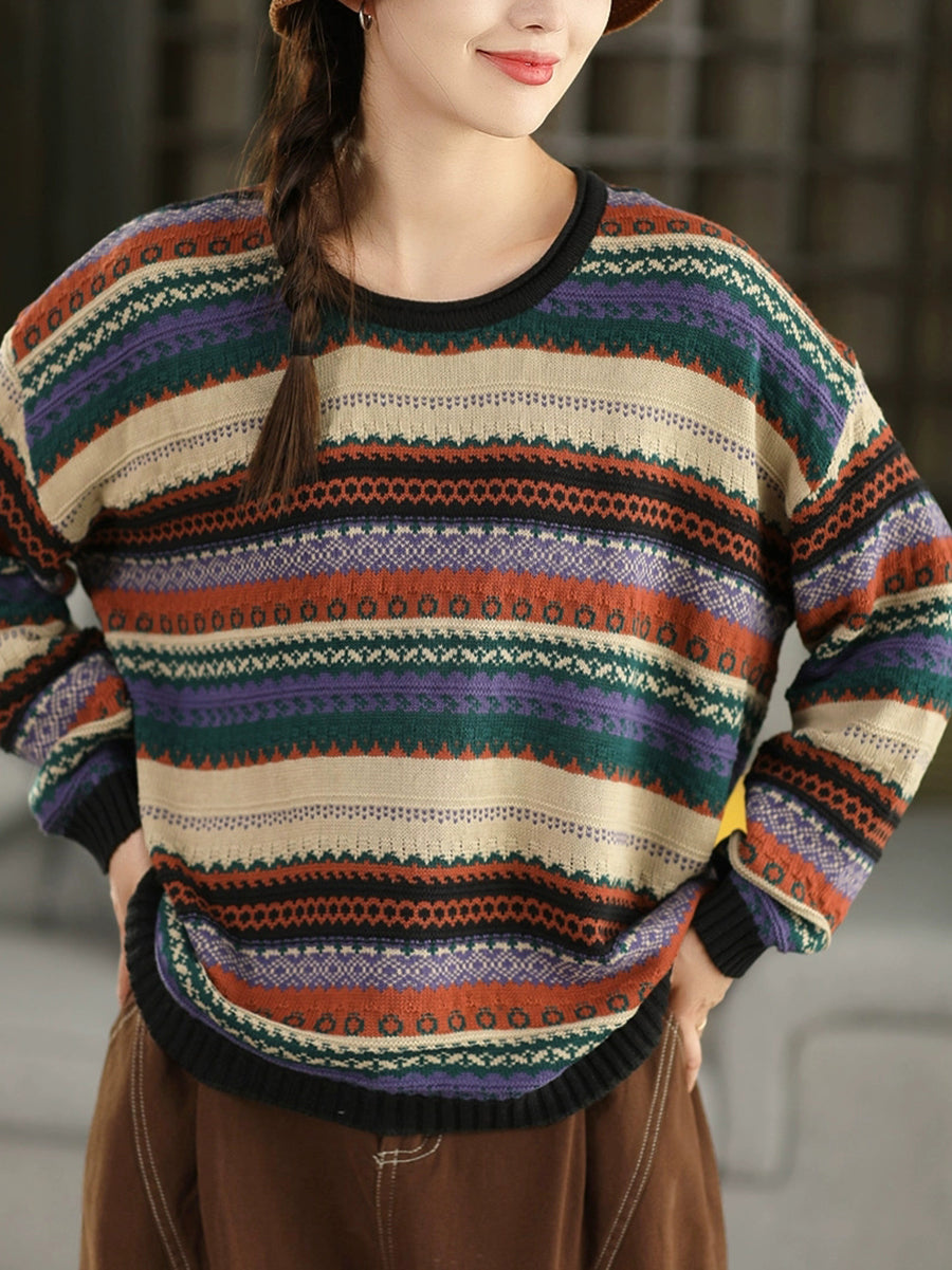 Women Autumn Retro Stripe O-Neck Knitted Sweater