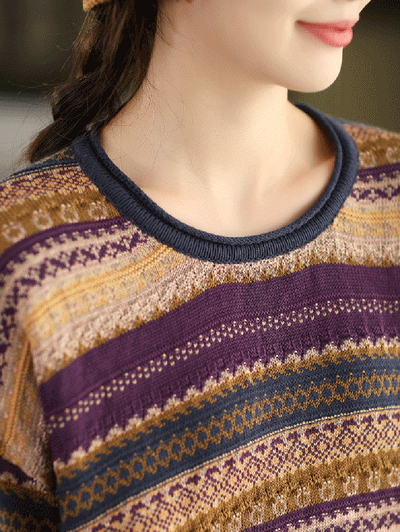 Women Autumn Retro Stripe O-Neck Knitted Sweater