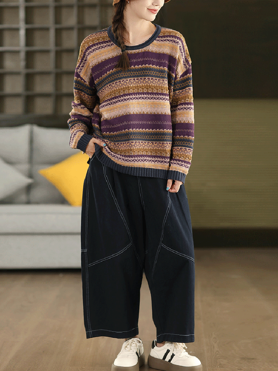 Women Autumn Retro Stripe O-Neck Knitted Sweater