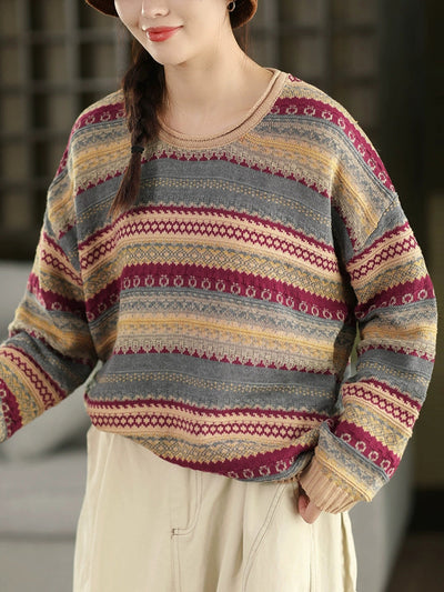 Women Autumn Retro Stripe O-Neck Knitted Sweater