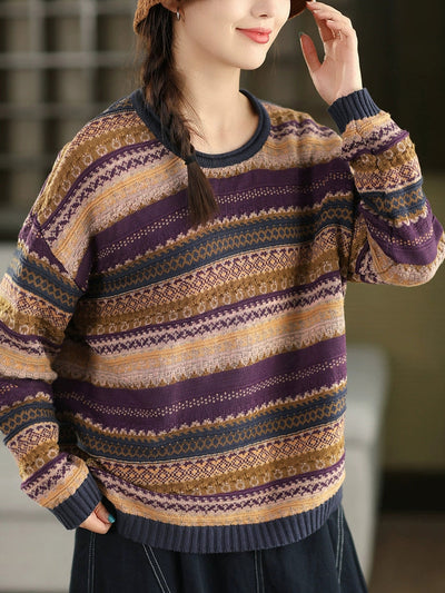 Women Autumn Retro Stripe O-Neck Knitted Sweater