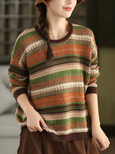 Women Autumn Retro Stripe O-Neck Knitted Sweater