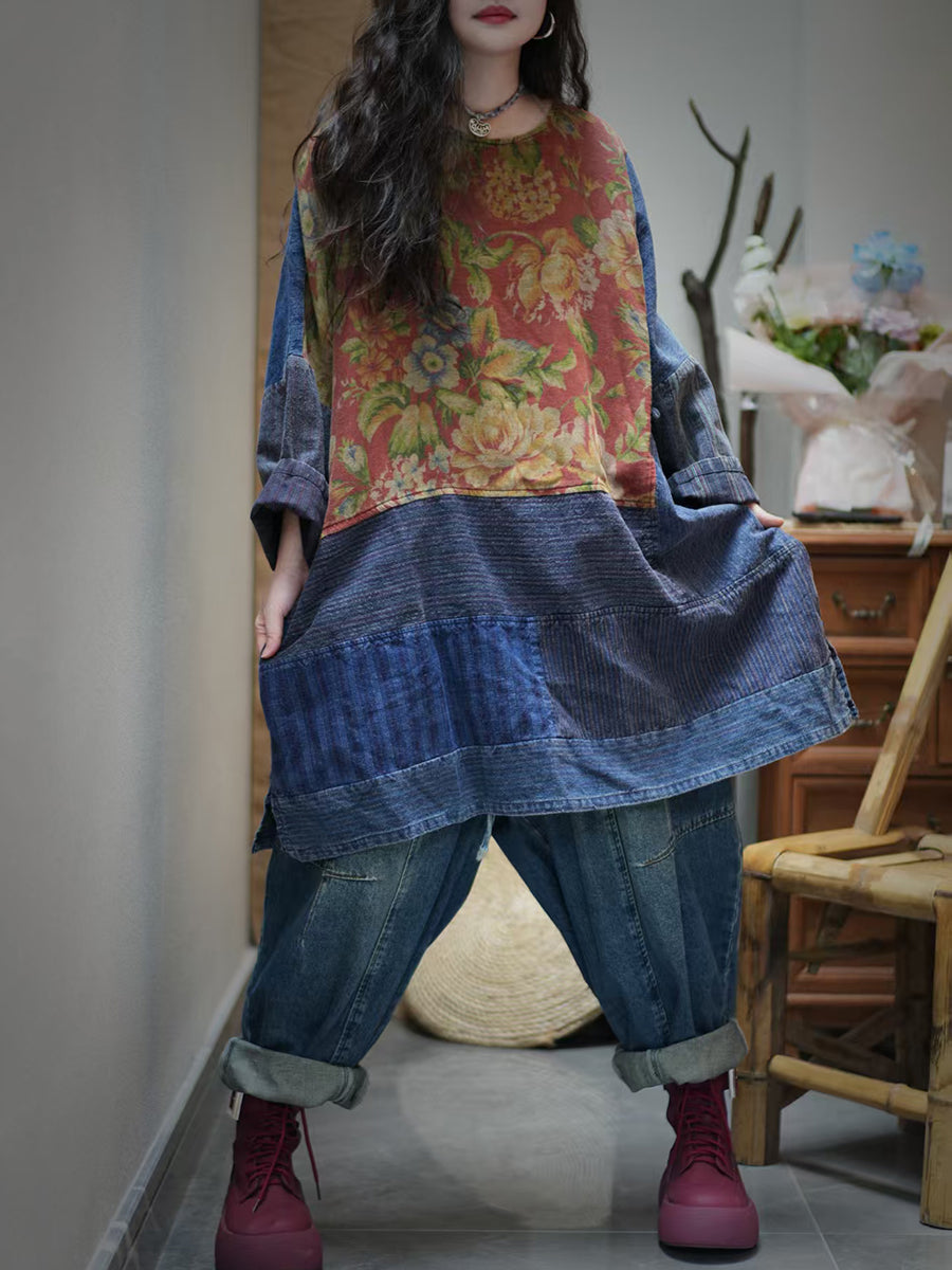 Women Autumn Flower Stripe Spliced 100%Cotton Shirt