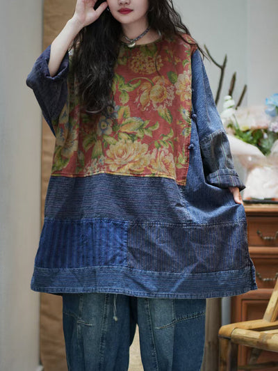 Women Autumn Flower Stripe Spliced 100%Cotton Shirt