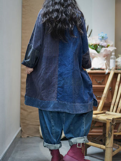 Women Autumn Flower Stripe Spliced 100%Cotton Shirt