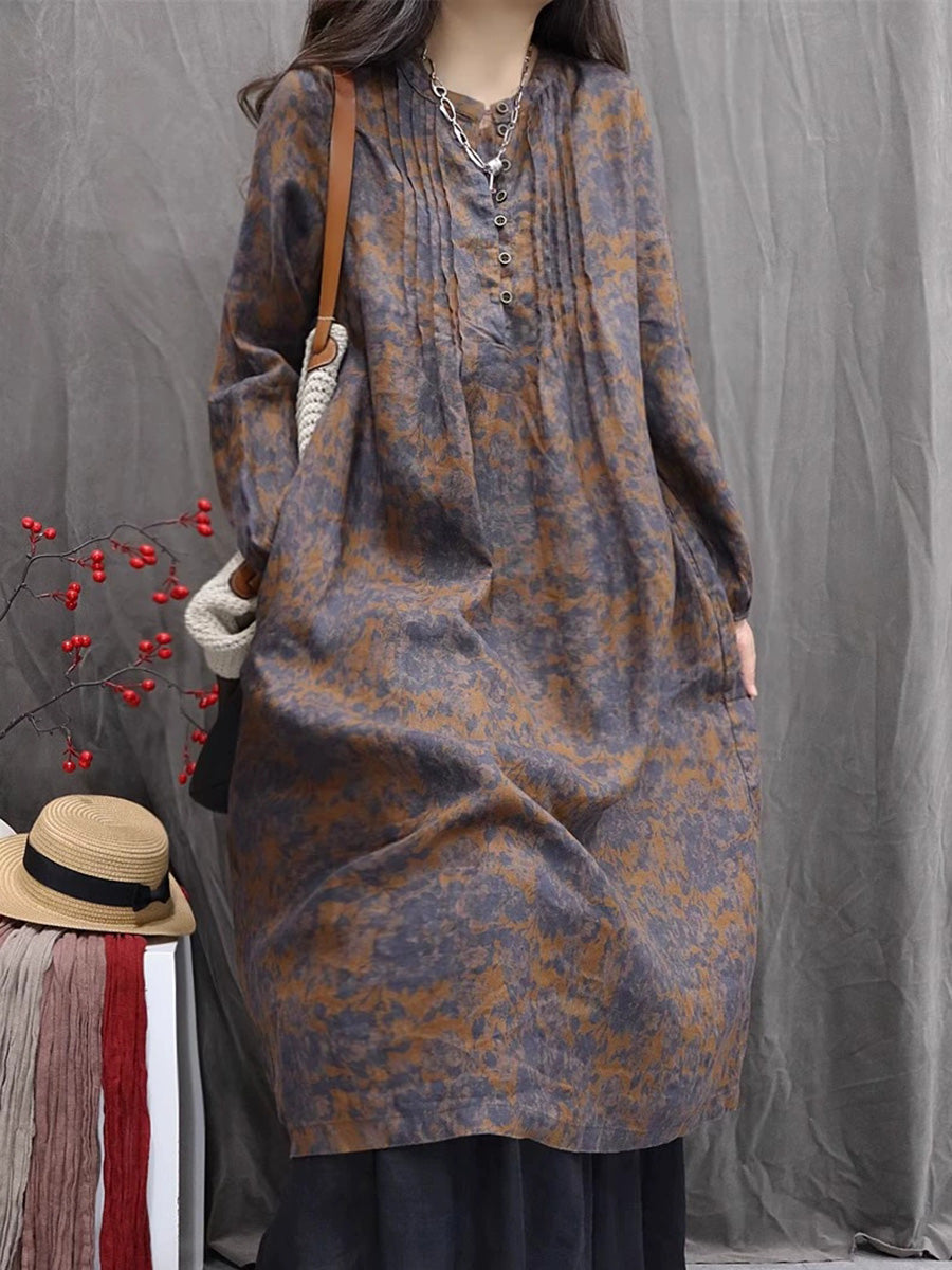 Women Autumn Ethnic Flower Stand Collar 100%Linen Dress