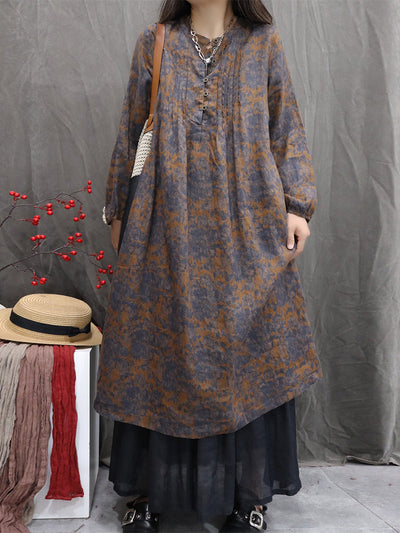 Women Autumn Ethnic Flower Stand Collar 100%Linen Dress