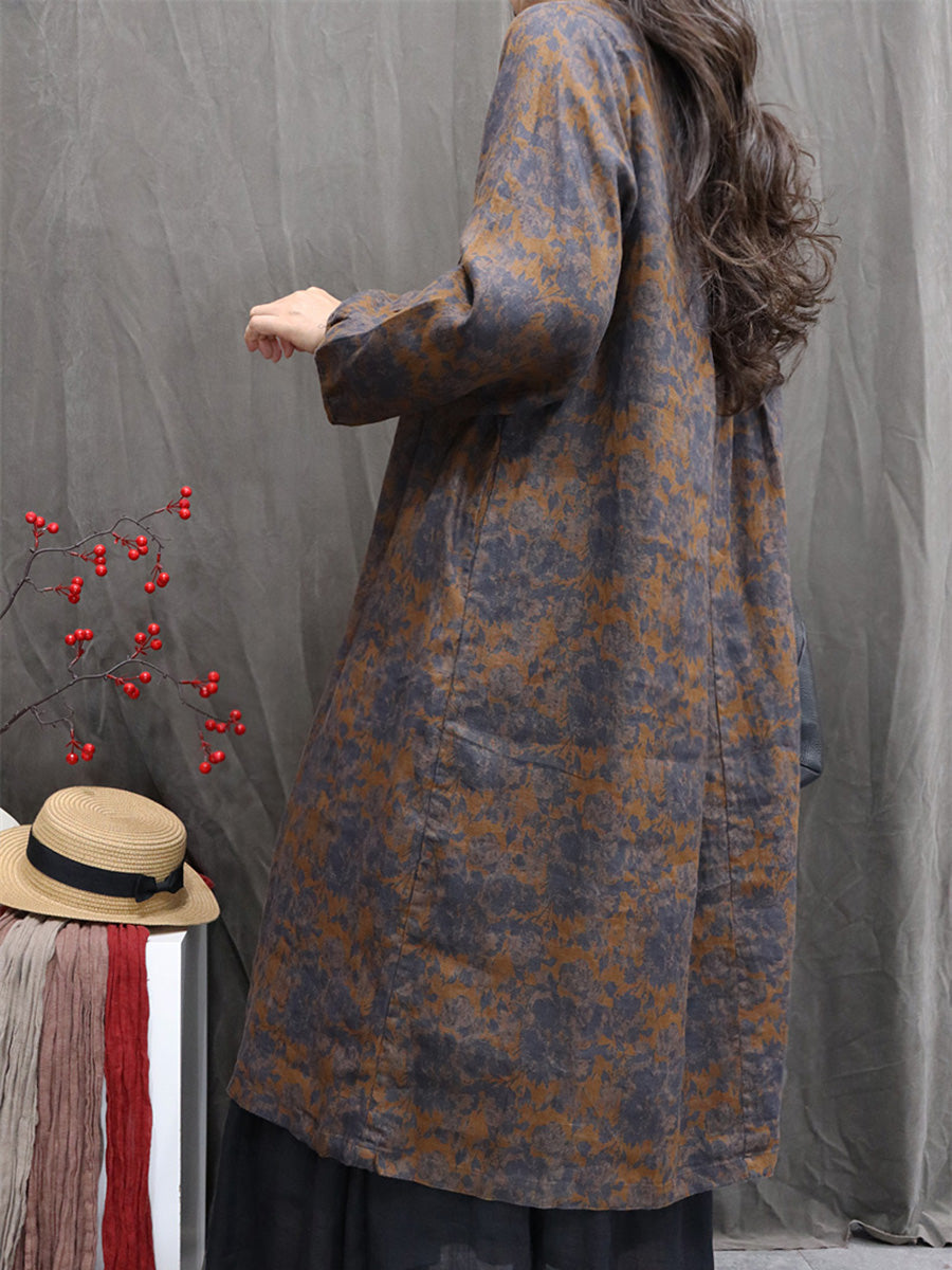 Women Autumn Ethnic Flower Stand Collar 100%Linen Dress