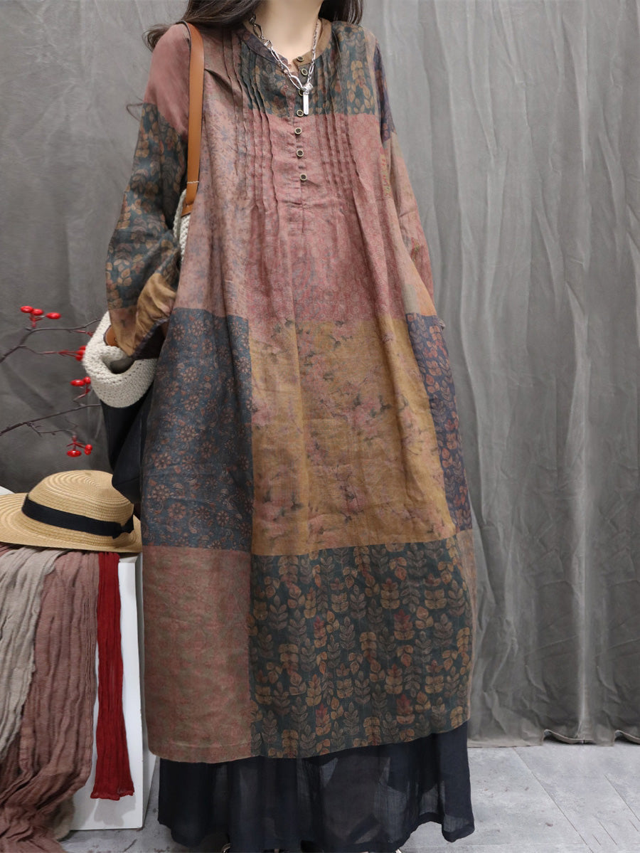 Women Autumn Ethnic Flower Stand Collar 100%Linen Dress