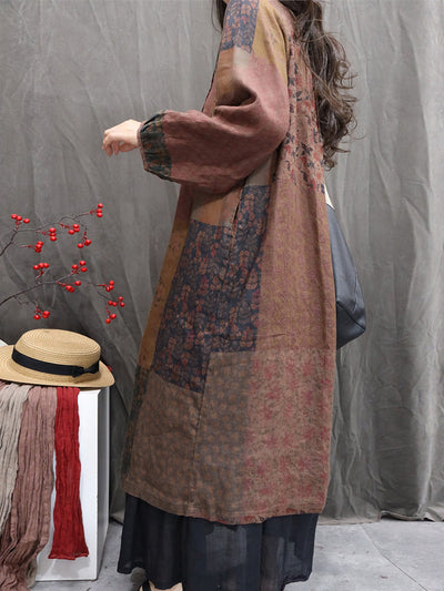 Women Autumn Ethnic Flower Stand Collar 100%Linen Dress