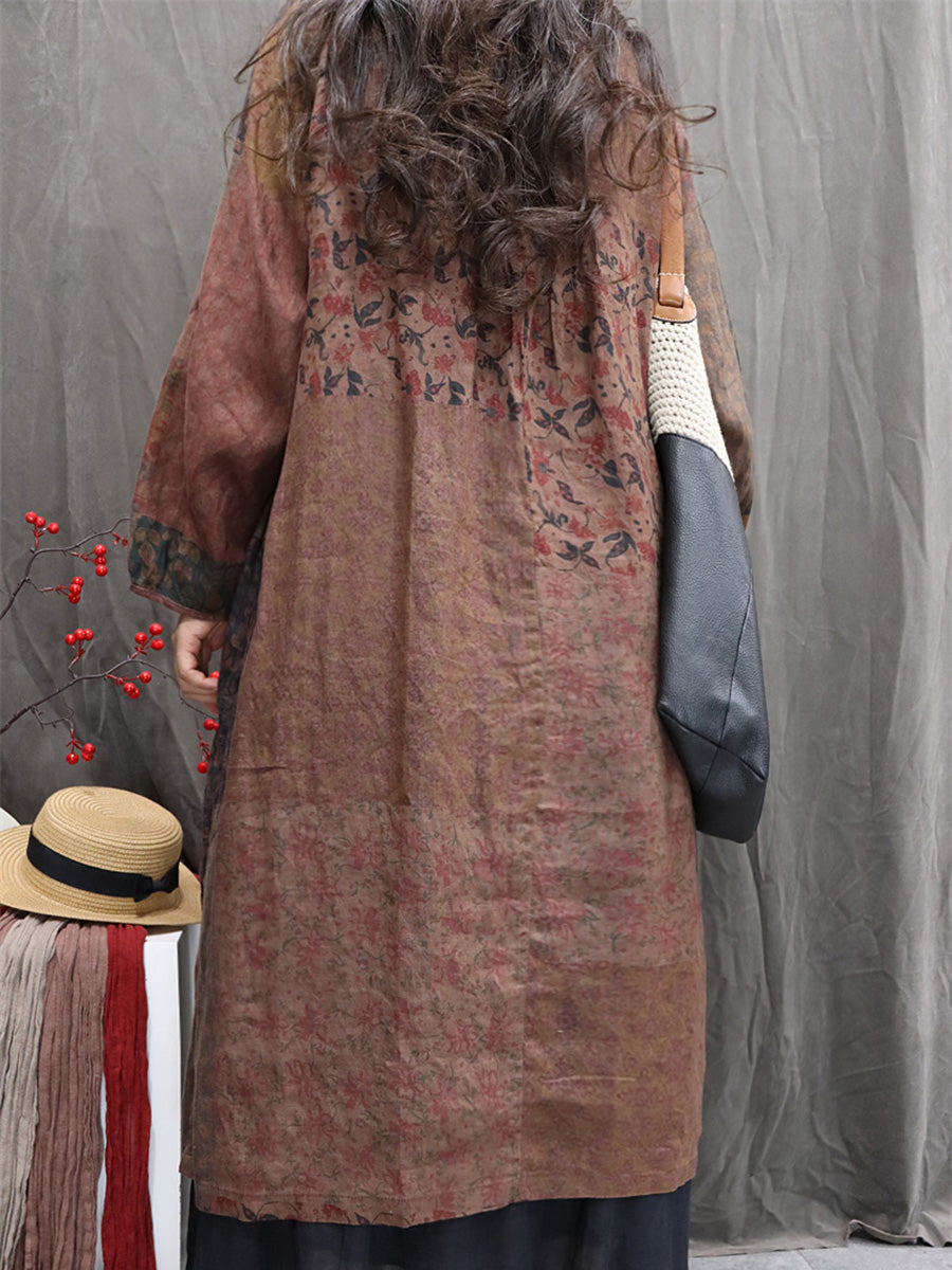 Women Autumn Ethnic Flower Stand Collar 100%Linen Dress