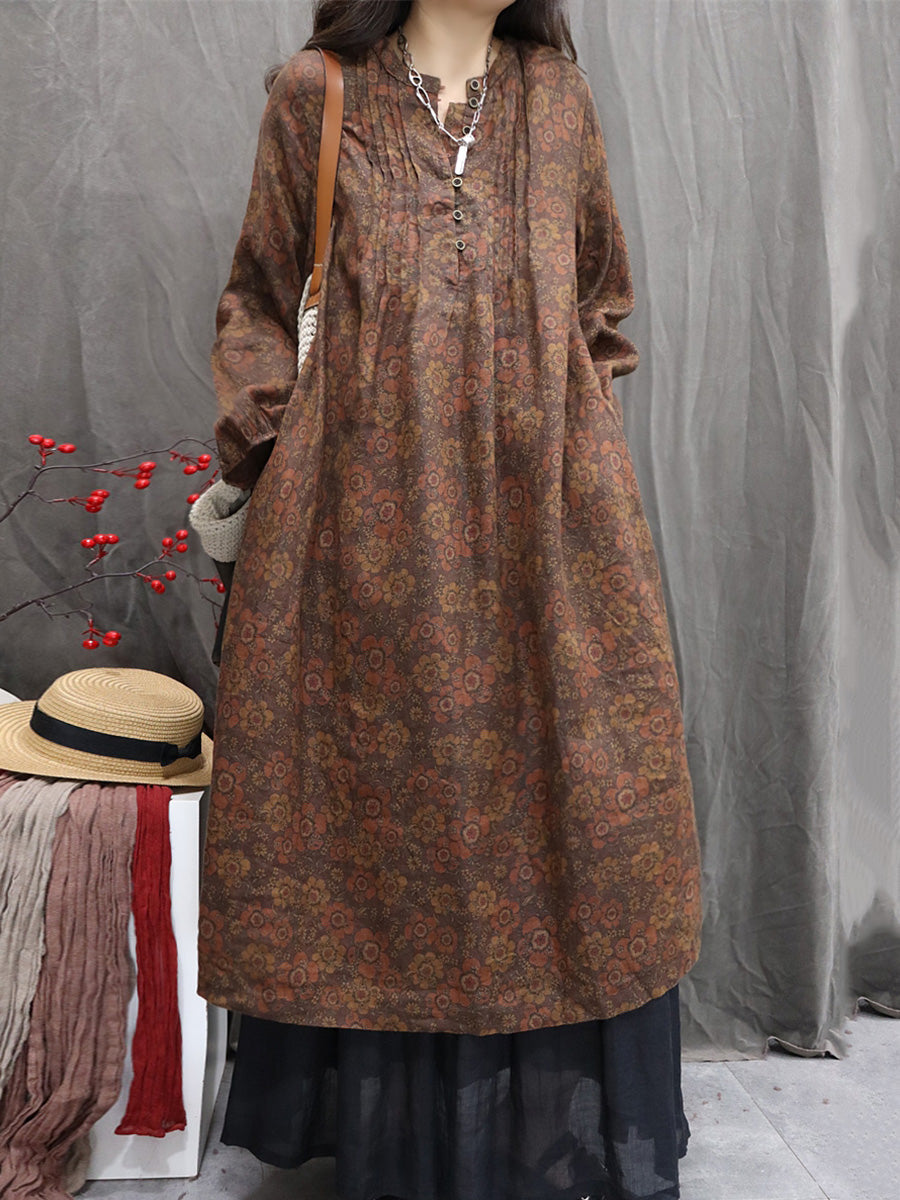 Women Autumn Ethnic Flower Stand Collar 100%Linen Dress