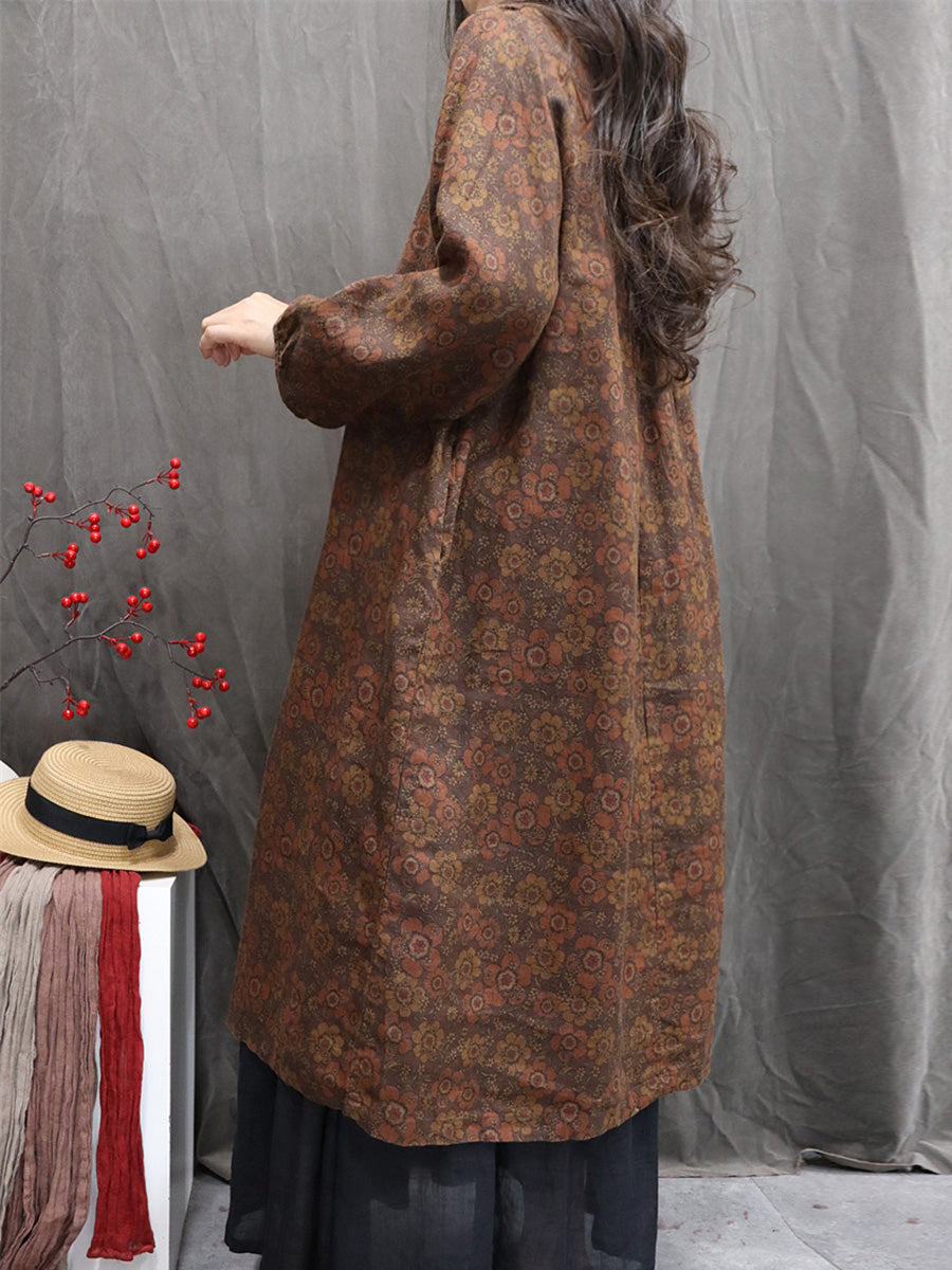 Women Autumn Ethnic Flower Stand Collar 100%Linen Dress