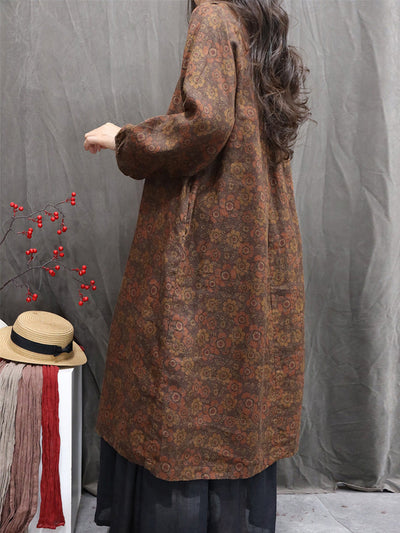 Women Autumn Ethnic Flower Stand Collar 100%Linen Dress