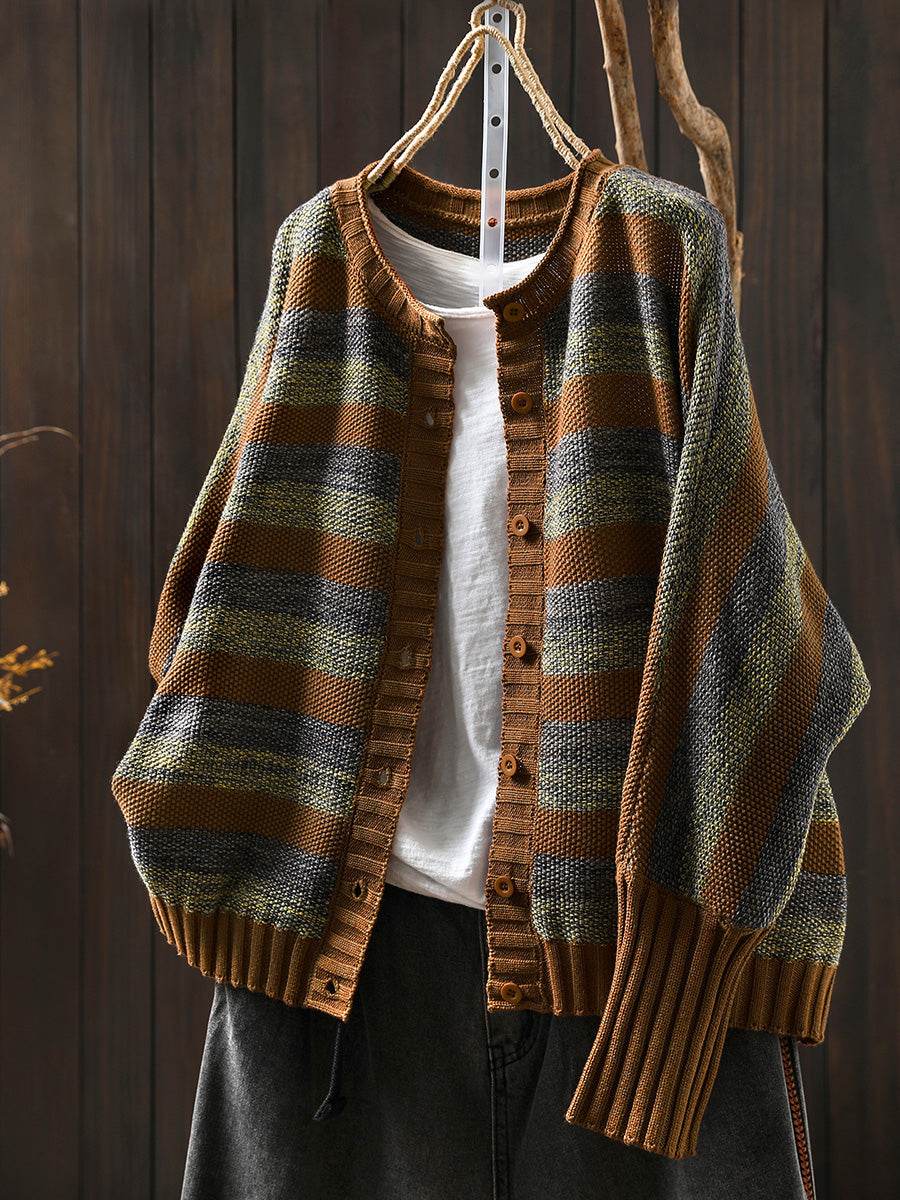 Women Autumn O-Neck Colorblock Stripe Sweater Coat