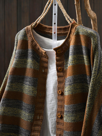 Women Autumn O-Neck Colorblock Stripe Sweater Coat