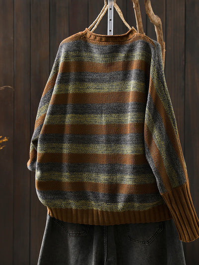 Women Autumn O-Neck Colorblock Stripe Sweater Coat