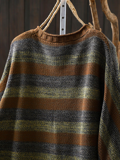 Women Autumn O-Neck Colorblock Stripe Sweater Coat