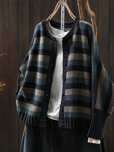 Women Autumn O-Neck Colorblock Stripe Sweater Coat
