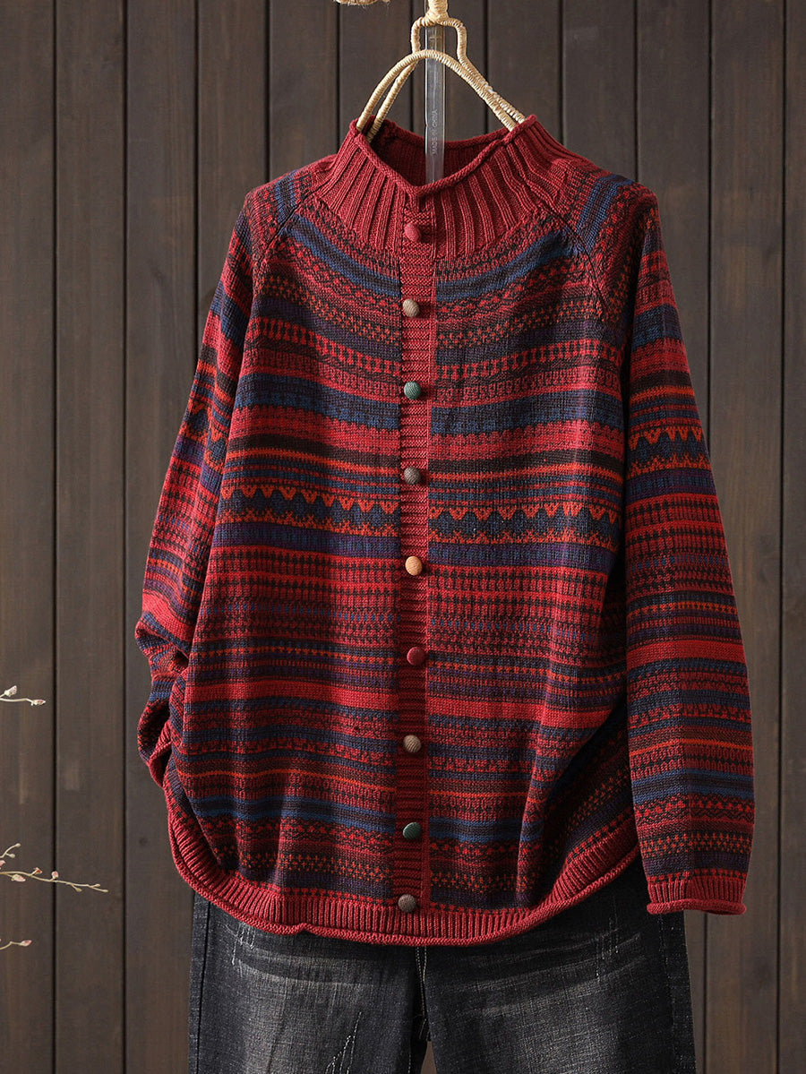 Women Autumn Colorblock Stripe Half-Turtleneck Sweater
