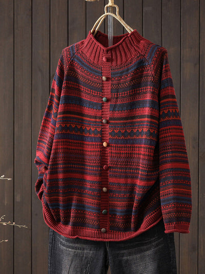 Women Autumn Colorblock Stripe Half-Turtleneck Sweater