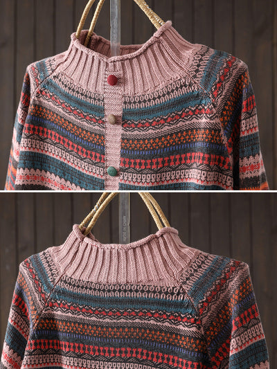 Women Autumn Colorblock Stripe Half-Turtleneck Sweater