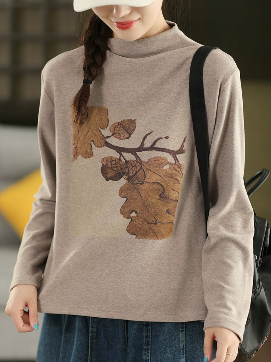 Women Autumn Artsy Print Half-Turtleneck Blouse