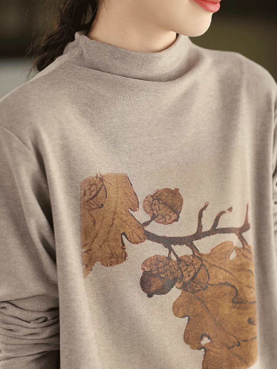 Women Autumn Artsy Print Half-Turtleneck Blouse