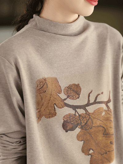 Women Autumn Artsy Print Half-Turtleneck Blouse