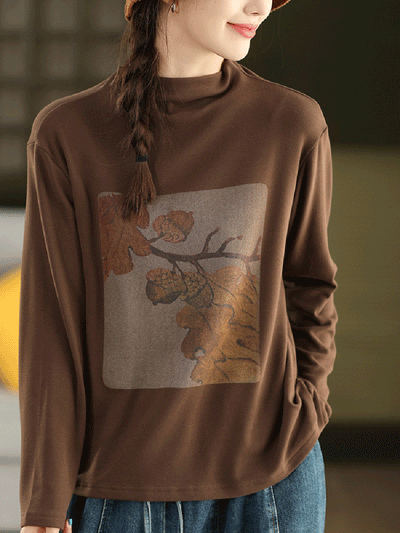 Women Autumn Artsy Print Half-Turtleneck Blouse