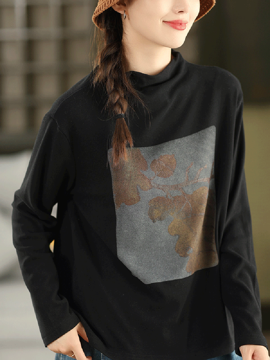 Women Autumn Artsy Print Half-Turtleneck Blouse