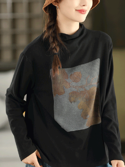 Women Autumn Artsy Print Half-Turtleneck Blouse