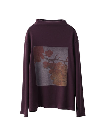 Women Autumn Artsy Print Half-Turtleneck Blouse