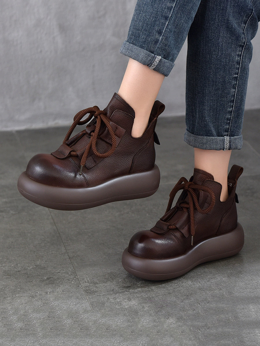 Women Vintage Leather Spliced Strap Platform Shoes